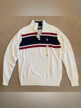 U.S. Polo Assn. NWT Men's WHITE Patriotic Long Sleeve Quarter Zip Sweater Size S